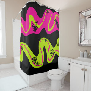 Daisy Groove in Lime Green, Hot Pink and Black Shower Curtain