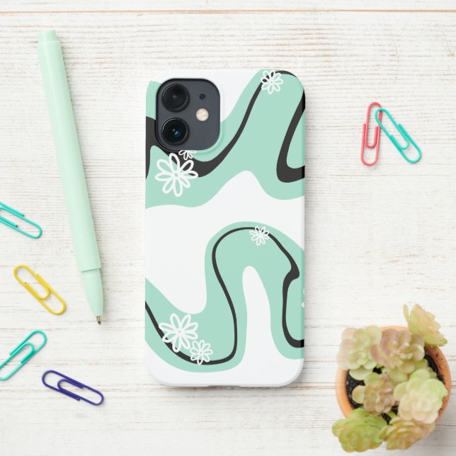 Daisy Groove in Mint Green, Black and White iPhone Case (On Desk)