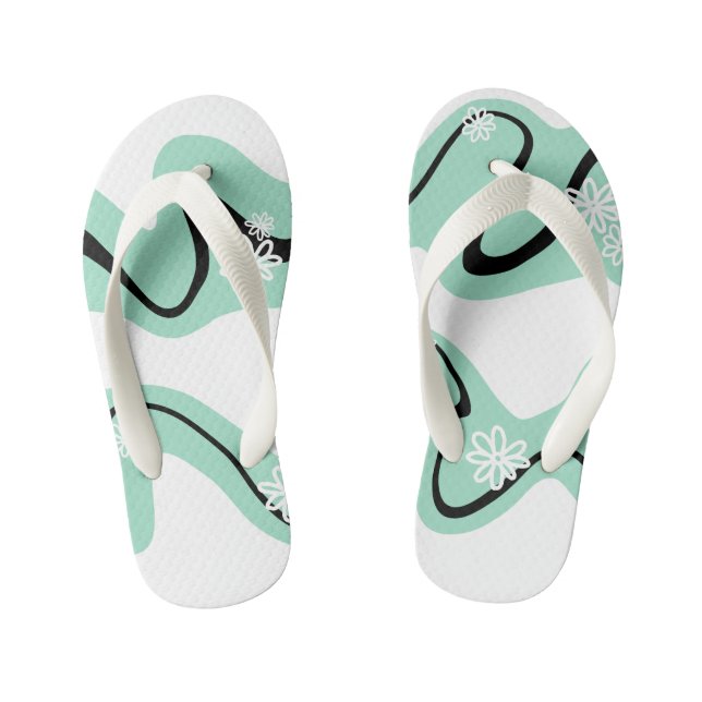 Daisy Groove in Mint Green, Black and White Kid's Flip Flops (Footbed)