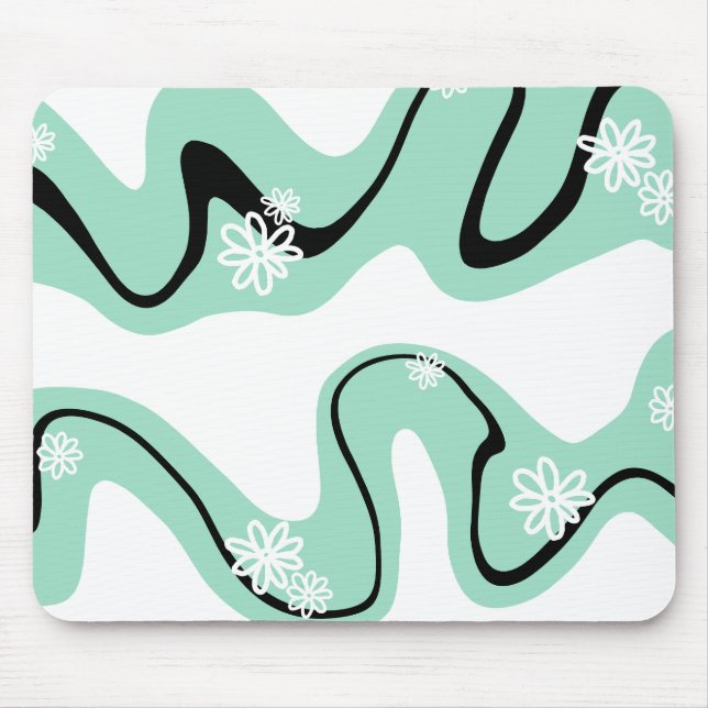 Daisy Groove in Mint Green, Black and White Mouse Mat (Front)