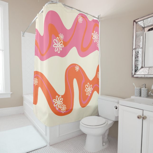 Daisy Groove - Pink, Orange and Cream Shower Curtain (In Situ)