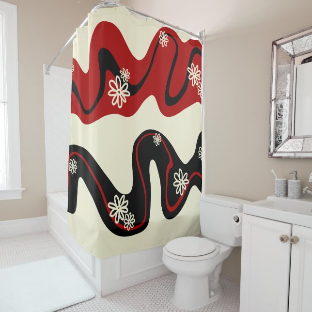 Daisy Groove - Red & Cream Shower Curtain (In Situ)