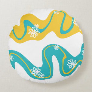 Daisy Groove - Turquoise and Yellow Round Cushion