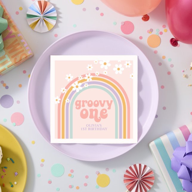 Daisy Groovy One Pastel rainbow first birthday Napkin (Creator Uploaded)