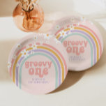 Daisy Groovy One Pastel rainbow first birthday Paper Plate<br><div class="desc">Retro inspired groovy one  first birthday plates with hippie style pastel rainbow,  and daisies</div>