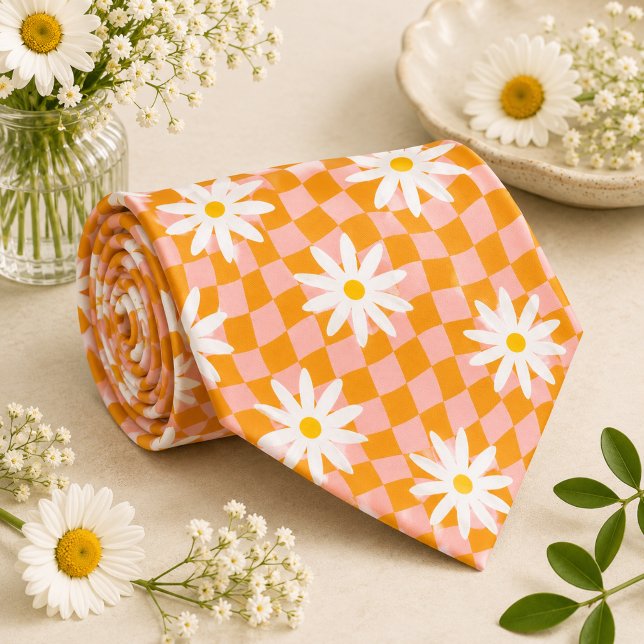 Daisy Groovy Retro Chequerboard, Y2K 90s  Tie (Creator Uploaded)