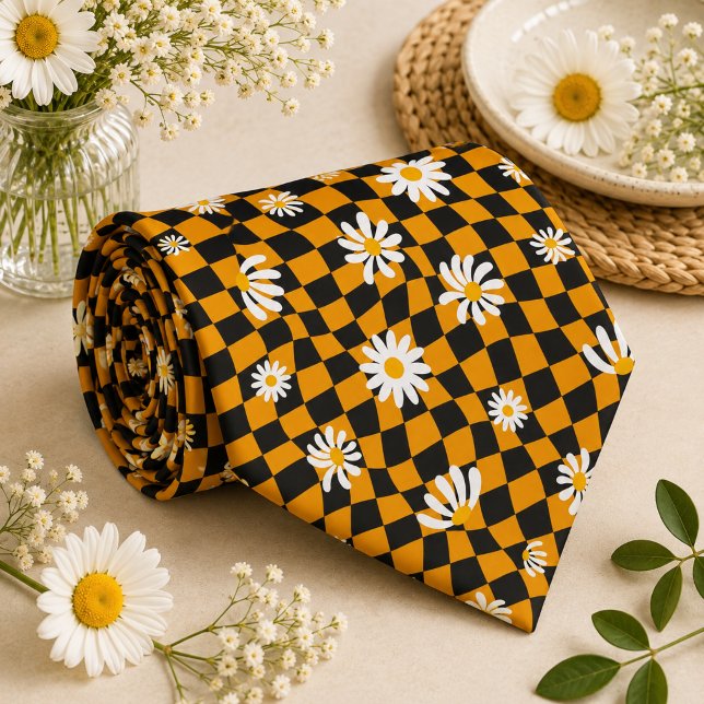 Daisy Groovy Retro Chequerboard, Y2K 90s  Tie (Creator Uploaded)