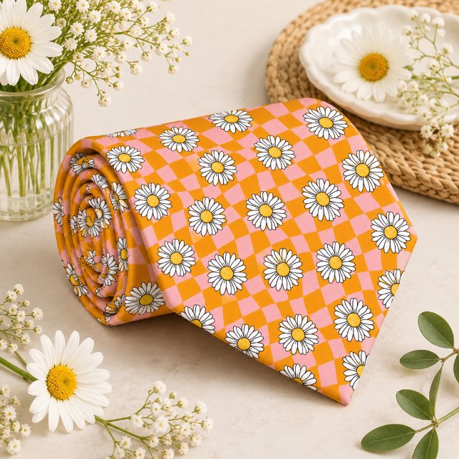 Daisy Groovy Retro Chequerboard, Y2K 90s  Tie (Creator Uploaded)