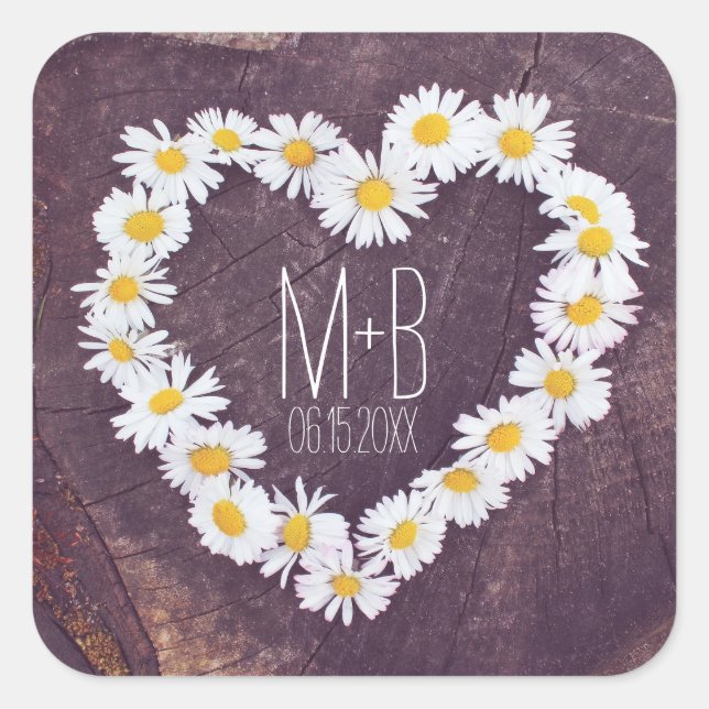 Daisy Heart Rustic Custom Wedding Favour Stickers (Front)