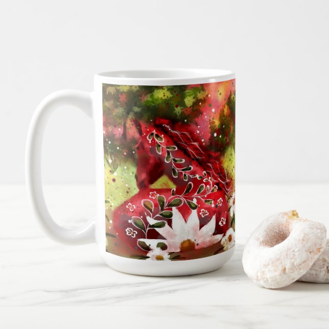 Daisy Horse Abstract Art Red White Green Floral Coffee Mug (With Donut)