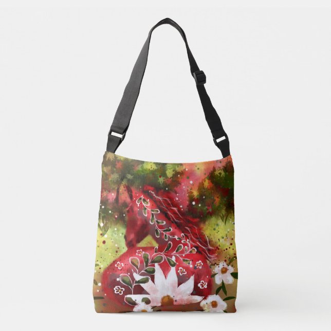 Daisy Horse Abstract Art Red White Green Floral Crossbody Bag (Front)