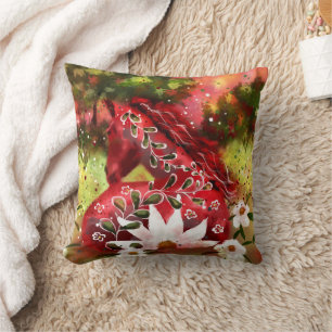 Daisy Horse Abstract Art Red White Green Floral Cushion