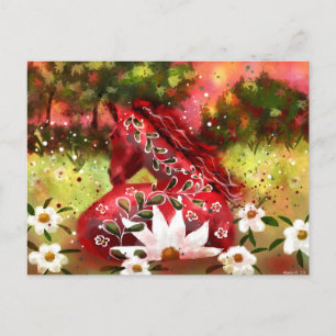 Daisy Horse Abstract Art Red White Green Floral Postcard