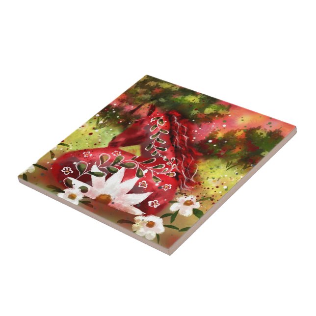 Daisy Horse Abstract Art Red White Green Floral Tile (Side)