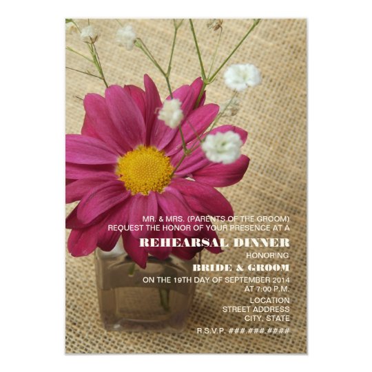 Daisy In Apothecary Bottle Burlap Rehearsal Dinner Card