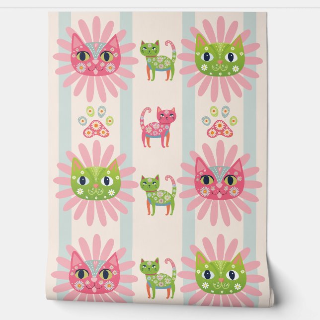 daisy kitty cat faces blue striped wallpaper (Unrolling)
