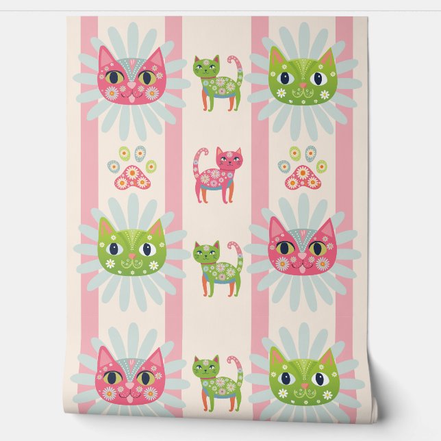 daisy kitty cat faces pink striped wallpaper (Unrolling)