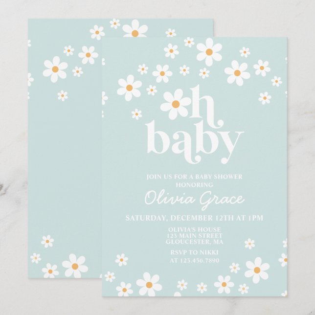 Daisy Light blue Retro Baby Shower Invitation (Front/Back)