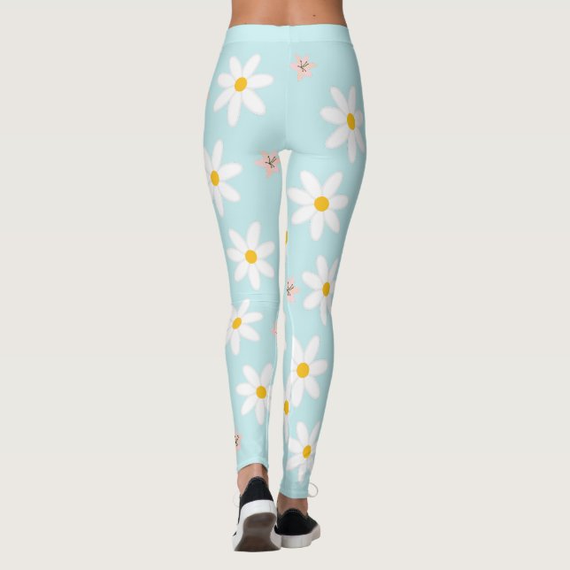 Daisy lily flower Pattern on sea torque Background Leggings (Back)