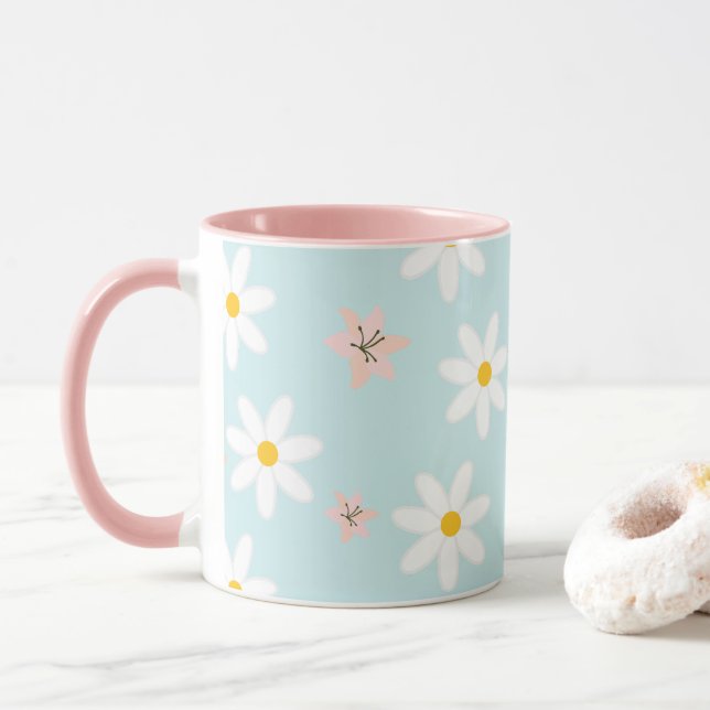 Daisy lily flower Pattern on sea torque Background Mug (With Donut)