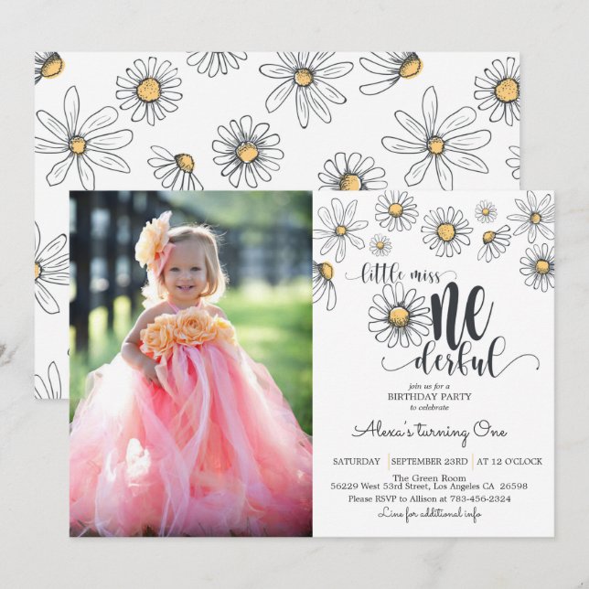 Daisy Little Miss ONEderful Invitation w/Photo - W (Front/Back)