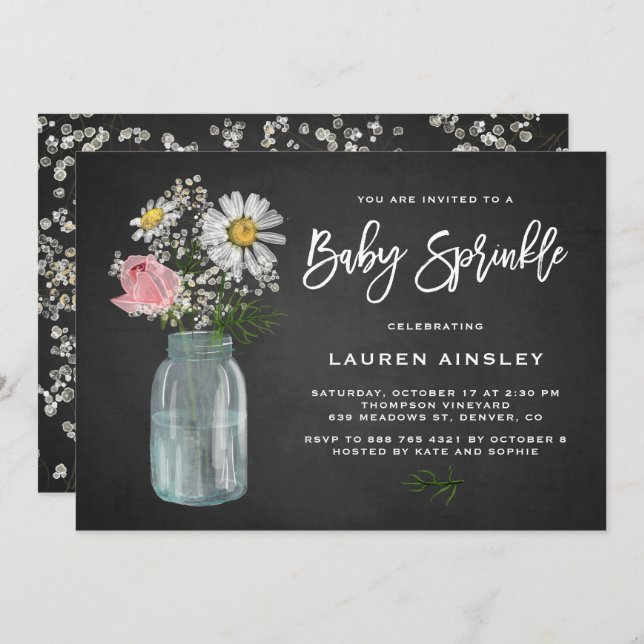 Daisy Mason Jar Chalkboard Rustic Baby Sprinkle Invitation (Front/Back)