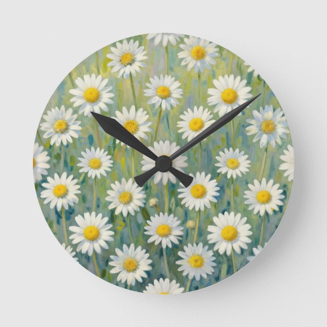 Daisy Meadow Impressionist Floral Pattern Round Clock (Front)