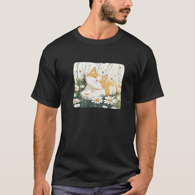 Daisy Meadow with Cat in Summer for Boys and Girls T-Shirt (Front)