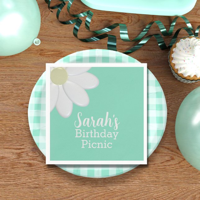Daisy Mint Green Birthday Picnic Paper Napkins (Cute mint green daisy napkins for your summer birthday picnic party. Just add your name)