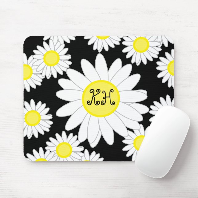 Daisy Monogram Black White and Yellow Mouse Mat (With Mouse)