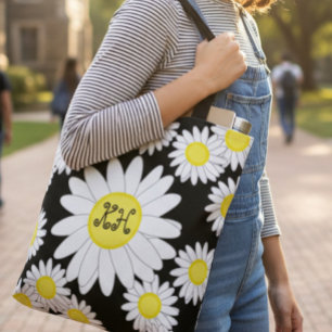 Daisy Monogram Black White and Yellow Tote Bag