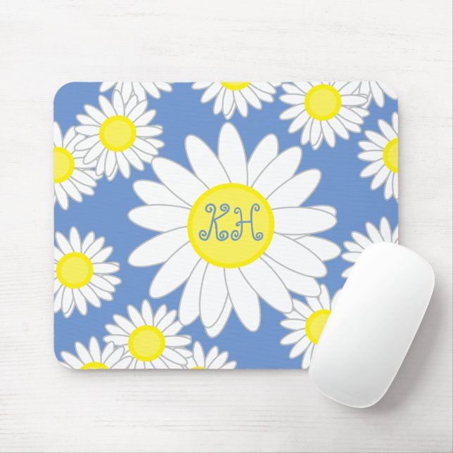 Daisy Monogram Blue White and Yellow Notebook Mouse Mat (With Mouse)