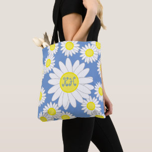 Daisy Monogram Blue White and Yellow Tote Bag