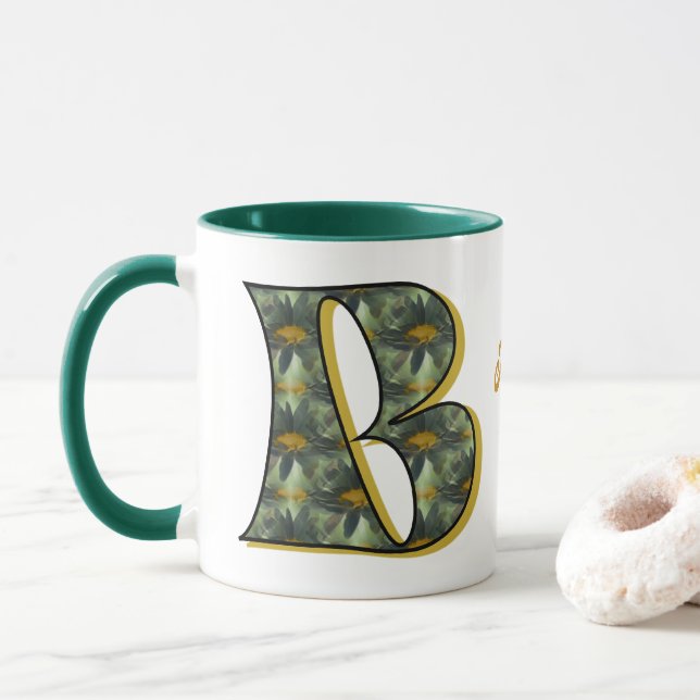 Daisy Monogram Initial B Personalised Mug (With Donut)