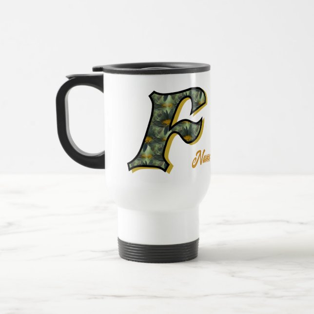 Daisy Monogram Initial F Personalised Travel Mug (Left)