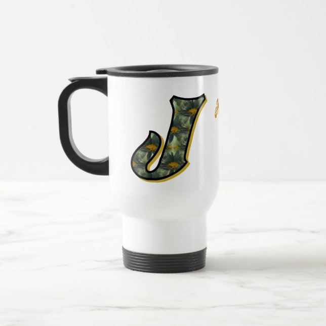 Daisy Monogram Initial J Personalised Travel Mug (Left)