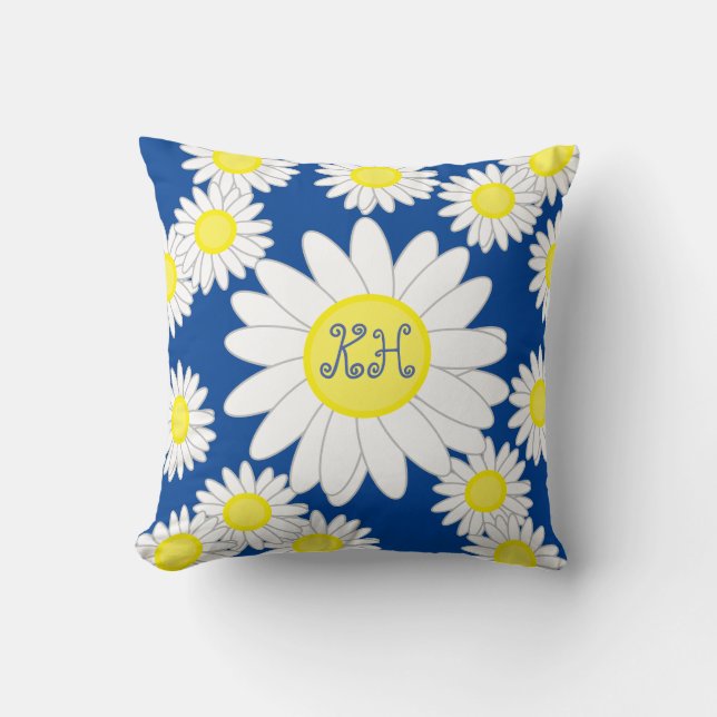 Daisy Monogram Navy Blue White and Yellow Cushion (Front)