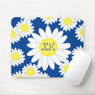 Daisy Monogram Navy Blue White and Yellow Mouse Mat