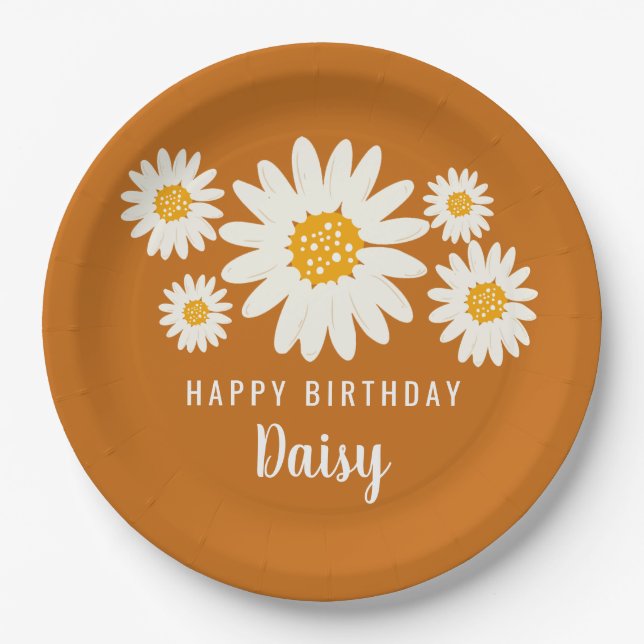 Daisy name happy birthday party boho flower design paper plate (Front)