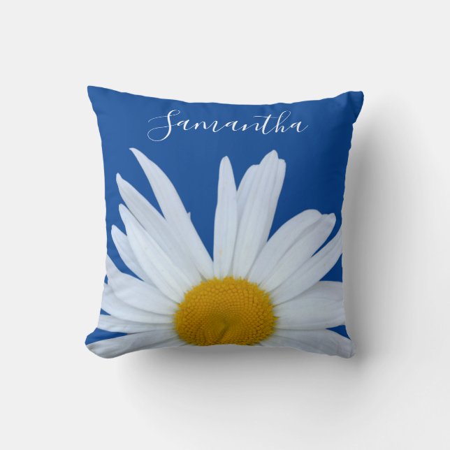 Daisy Ocean Blue White Script Cushion (Front)