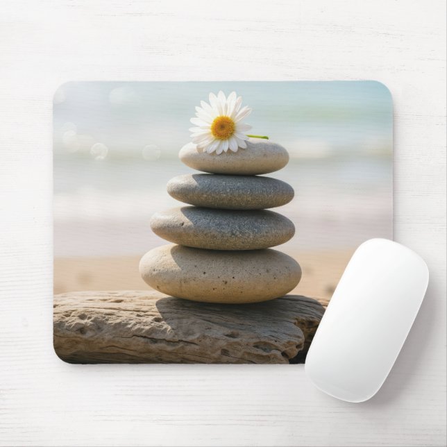 Daisy on a Stone Beach Cairn and Driftwood Mouse Mat (With Mouse)