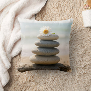 Daisy on a Stone Beach Cairn With Driftwood Cushion