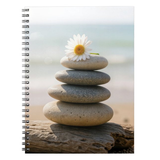 Daisy on a Stone Beach Cairn With Driftwood Notebook (Front)
