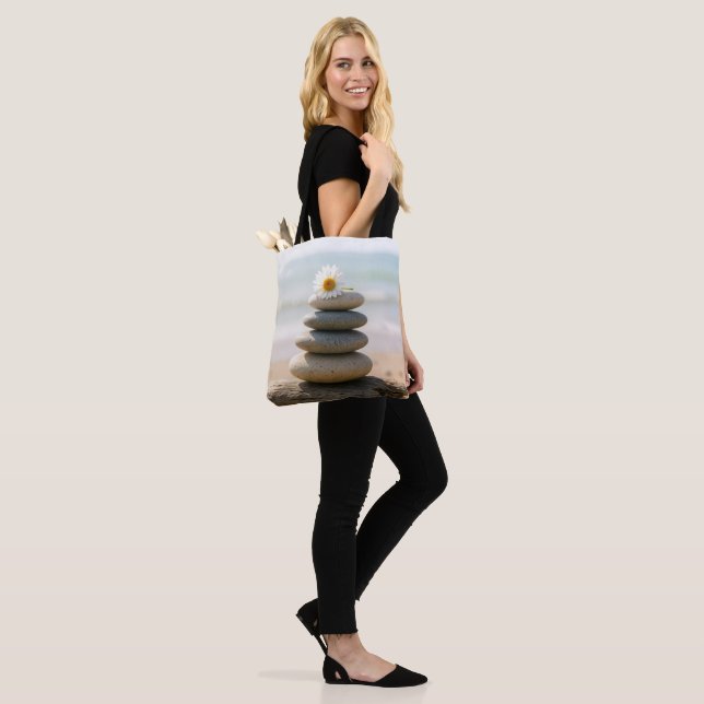 Daisy on a Stone Beach Cairn With Driftwood Tote Bag (On Model)