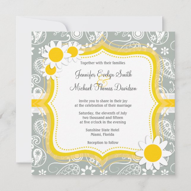 Daisy on Ash Grey; Grey Paisley Invitation (Front)