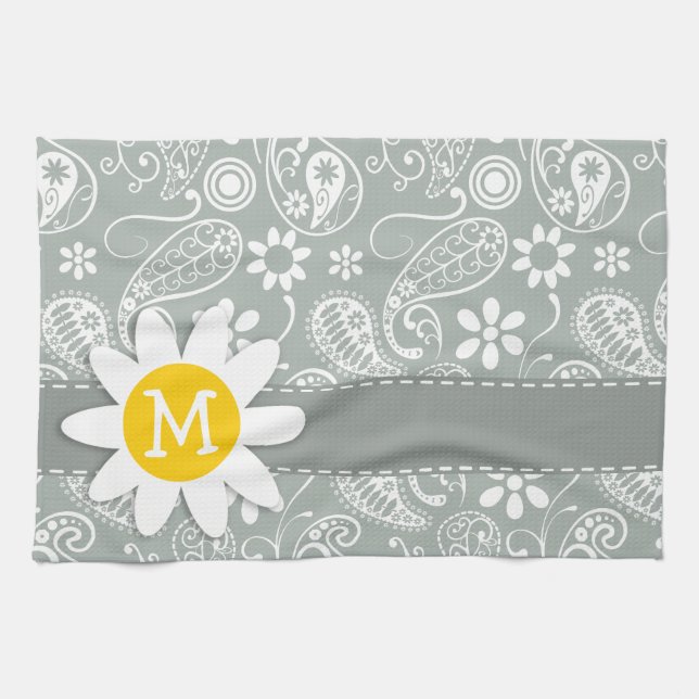 Daisy on Ash Grey; Grey Paisley Tea Towel (Horizontal)