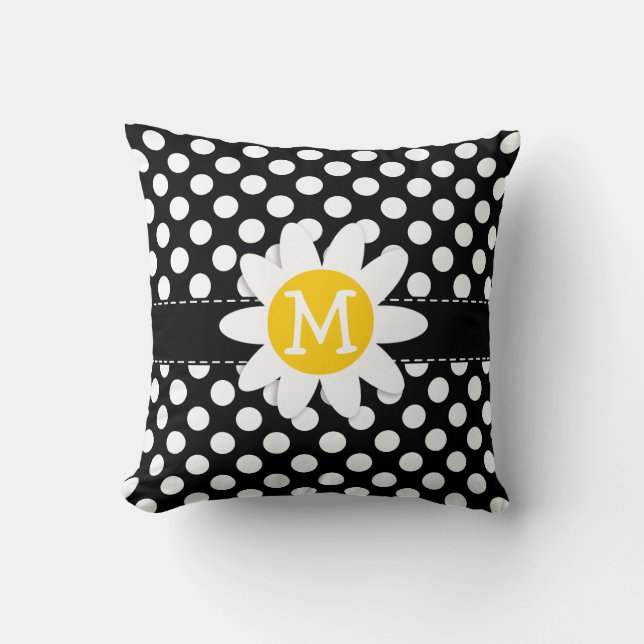 Daisy on Black and White Polka Dots Cushion (Front)