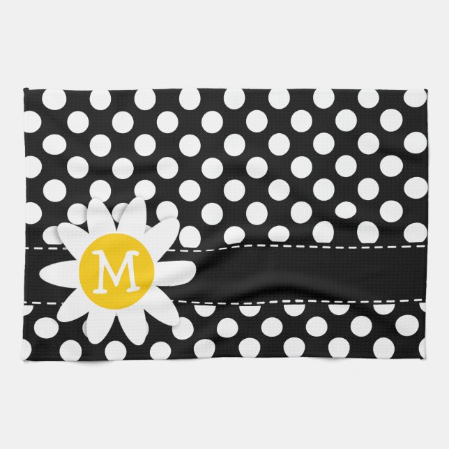 Daisy on Black and White Polka Dots Tea Towel (Horizontal)