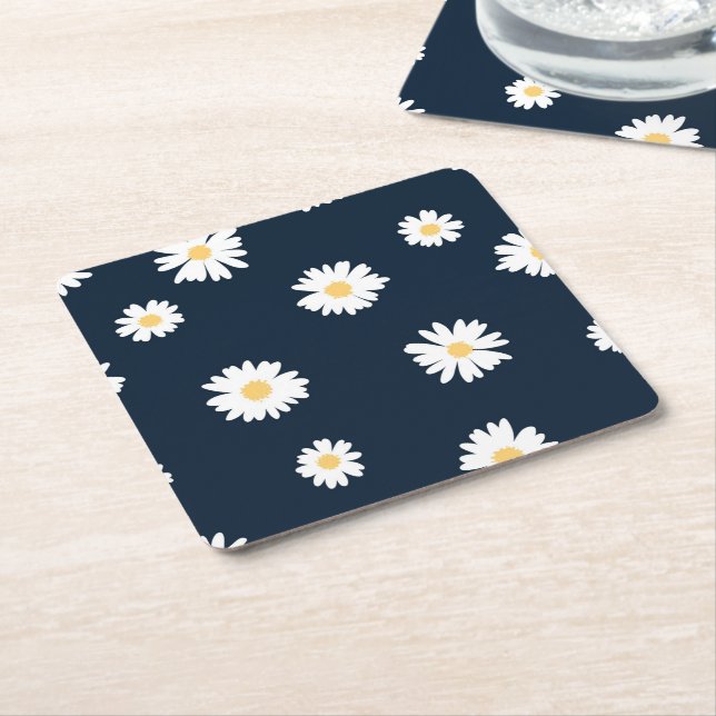 Daisy On Blue Pattern Square Paper Coaster (Angled)