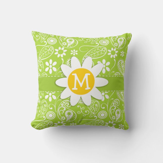 Daisy on Citron Green Paisley; Floral Cushion (Front)